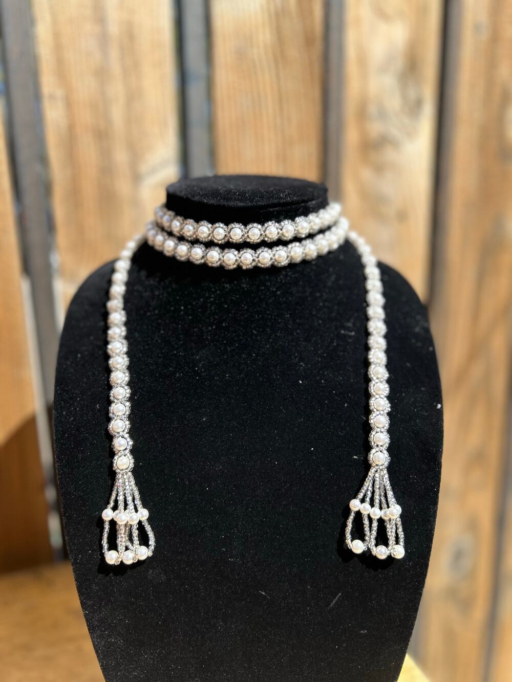 Beaded Lariat Faux Pearls Tassels Necklace Unmarked Adjustable 45in long